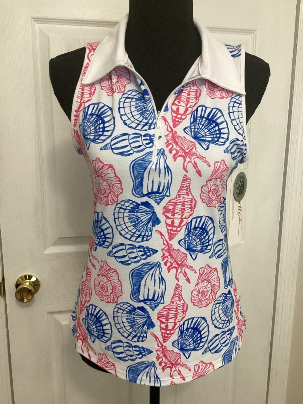 Gottex Sleeveless Golf Polo Top Blue Pink Seashell Print Small NWT GM1308T